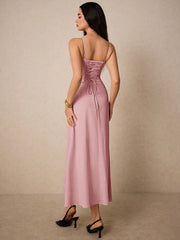 PLEATED BUST RUCHED BODICE MAXI DRESS