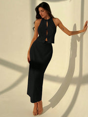 SOLID COLOR SLEEVELESS VEST & SKIRT SET