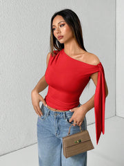 WOMEN'S SOLID COLOR MINIMALIST OBLIQUE COLLAR TIED BLOUSE