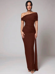 WOMEN'S PLEATED ASYMMETRIC DRAPED LONG DRESS