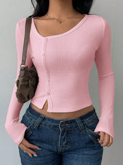CASUAL SOLID COLOR KNIT LONG SLEEVE FITTED TOP