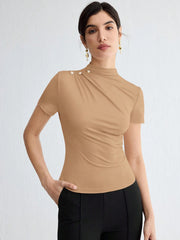 WOMEN'S SOLID COLOR PLEATED ELEGANT SHORT SLEEVE TOP