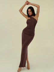 ONE SHOULDER RUFFLE DESIGN SLIM FIT PLEATED SPARKLY DRESS