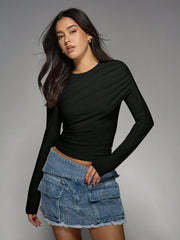 ASYMMETRIC DRAPED LONG SLEEVE CROP TOP