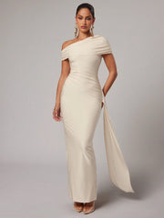 WOMEN'S PLEATED ASYMMETRIC DRAPED LONG DRESS