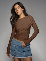 ASYMMETRIC DRAPED LONG SLEEVE CROP TOP