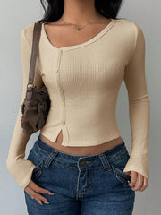 CASUAL SOLID COLOR KNIT LONG SLEEVE FITTED TOP