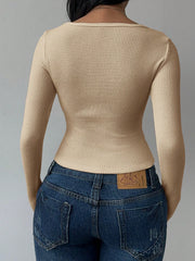 CASUAL SOLID COLOR KNIT LONG SLEEVE FITTED TOP