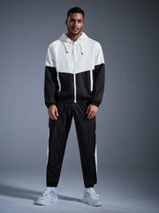 CONTRAST COLOR HOODED JACKET AND SWEATPANTS CASUAL SUIT