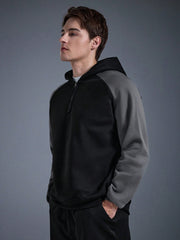 MEN'S FASHION COLOR BLOCK RAGLAN SLEEVE STRIPED HALF-ZIP HOODIE