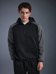 MEN'S FASHION COLOR BLOCK RAGLAN SLEEVE STRIPED HALF-ZIP HOODIE