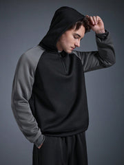 MEN'S FASHION COLOR BLOCK RAGLAN SLEEVE STRIPED HALF-ZIP HOODIE