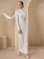 WOMEN'S DRESS WITH SCARF COLLAR, LONG RIBBON TIE WAIST DESIGN