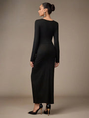 BUTTON DESIGN PLEATED SIDE SLIT HEM FITTED MID-LENGTH DRESS