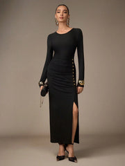 BUTTON DESIGN PLEATED SIDE SLIT HEM FITTED MID-LENGTH DRESS