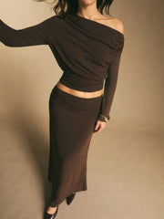 ASYMMETRIC-SHOULDER TOP AND SKIRT 2-PIECE SET