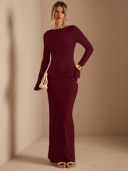 LONG SLEEVE KNITTED RUCHED WAIST TWIST HEM LAYERING DRESS