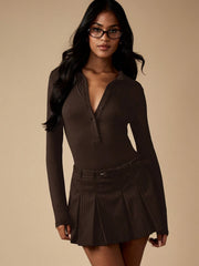 HENLEY NECKLINE LONG SLEEVE BUTTON FRONT TOP