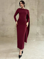 LONG SLEEVE RUFFLE TRIM ROUND NECK WAIST PLEATED BODYCON