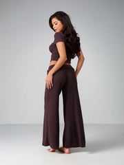 BUTTON FRONT CROP TOP AND WIDE LEG PALAZZO PANTS PAJAMA SET