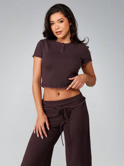 BUTTON FRONT CROP TOP AND WIDE LEG PALAZZO PANTS PAJAMA SET
