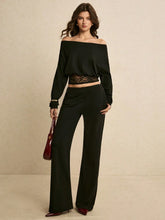 LACE-TRIMMED OFF-SHOULDER CROP TOP AND FLARED PANTS