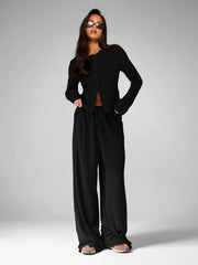 LONG SLEEVE BUTTON-UP TOP WIDE-LEG PANTS LOUNGE OUTFIT