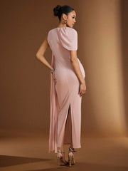 PLEATED RUFFLE DECOR WAIST CINCHED LONG DRESS