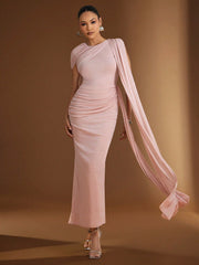 PLEATED RUFFLE DECOR WAIST CINCHED LONG DRESS