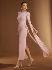 PLEATED RUFFLE DECOR WAIST CINCHED LONG DRESS