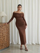 OFF SHOULDER LONG SLEEVE RUCHED FITTED MID-LENGTH DRESS