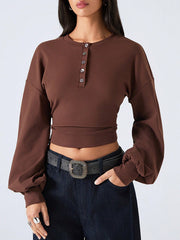 ROUND NECK DROP SHOULDER LONG SLEEVE FITTED CROPPED TOP