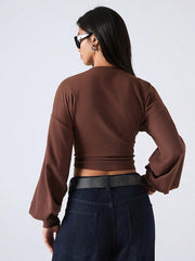 ROUND NECK DROP SHOULDER LONG SLEEVE FITTED CROPPED TOP