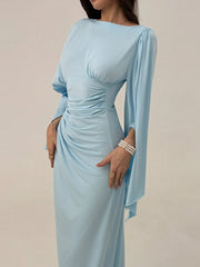 RUFFLED SHOULDERS WRAP-AROUND A-LINE SILHOUETTE DRESS