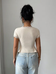 SQUARE NECK CONTRAST LACE SHORT SLEEVE TOP