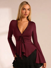 V-NECK RUCHED FLARE SLEEVE CINCHED WAIST TOP