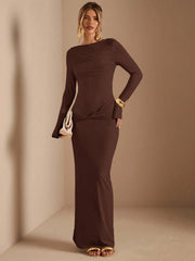 LONG SLEEVE KNITTED RUCHED WAIST TWIST HEM LAYERING DRESS