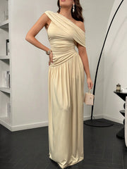 ASYMMETRICAL NECK RUCHED WAIST DRESS