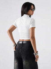 REGULAR SHOULDER SHORT SLEEVE LACE PATCHWORK FITTED CROPPED TOP