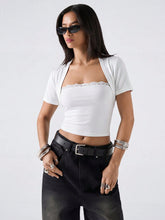 REGULAR SHOULDER SHORT SLEEVE LACE PATCHWORK FITTED CROPPED TOP