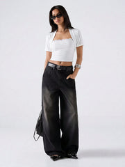 REGULAR SHOULDER SHORT SLEEVE LACE PATCHWORK FITTED CROPPED TOP