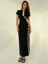 CONTRAST TRIM LONG SPLIT DRESS