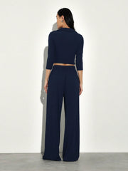 COLLARED BUTTON DOWN CROP TOP AND WIDE LEG PANTS SET