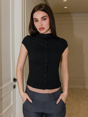 MOCK NECK CAPPED SLEEVE BUTTON UP TOP