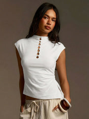 CASUAL HOLLOW-OUT BUTTON DECOR TOP