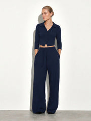 COLLARED BUTTON DOWN CROP TOP AND WIDE LEG PANTS SET