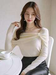 WOMEN SOLID COLOR ASYMMETRIC BOW KNITTED SHIRT