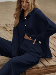 SLIT HEM LONGLINE BLOUSE & WIDE LEG TROUSERS SET
