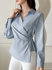 WOMEN'S CASUAL SOLID COLOR LONG SLEEVE WRAP BLOUSE