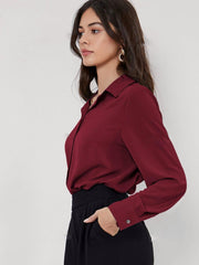 WINE SOLID BUTTON FRONT DROP SHOULDER SHIRT